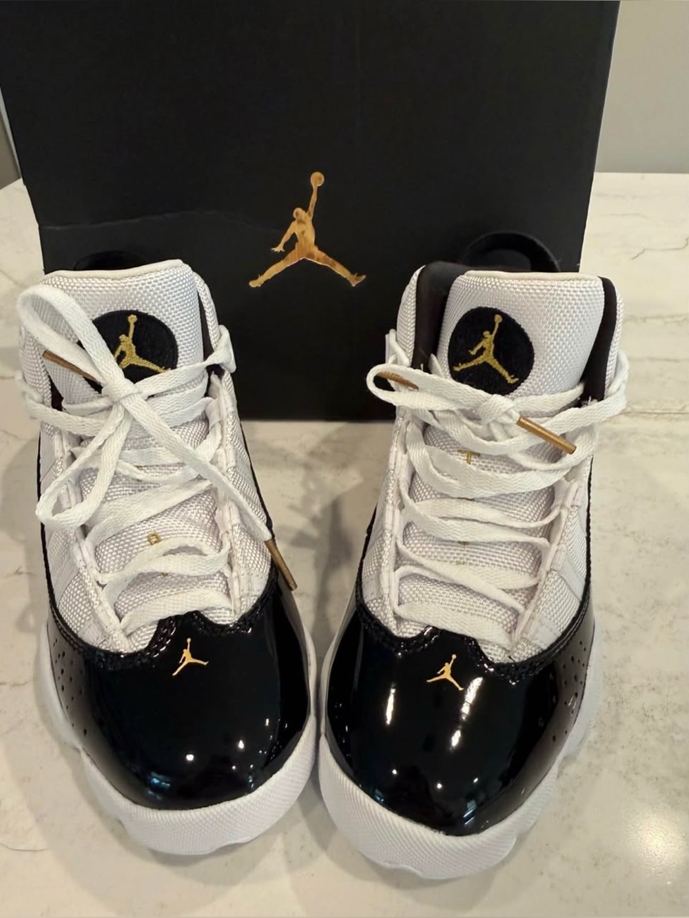 Air Jordan 6 Rings Kids' White and Black Gold-Basketball Sneakers